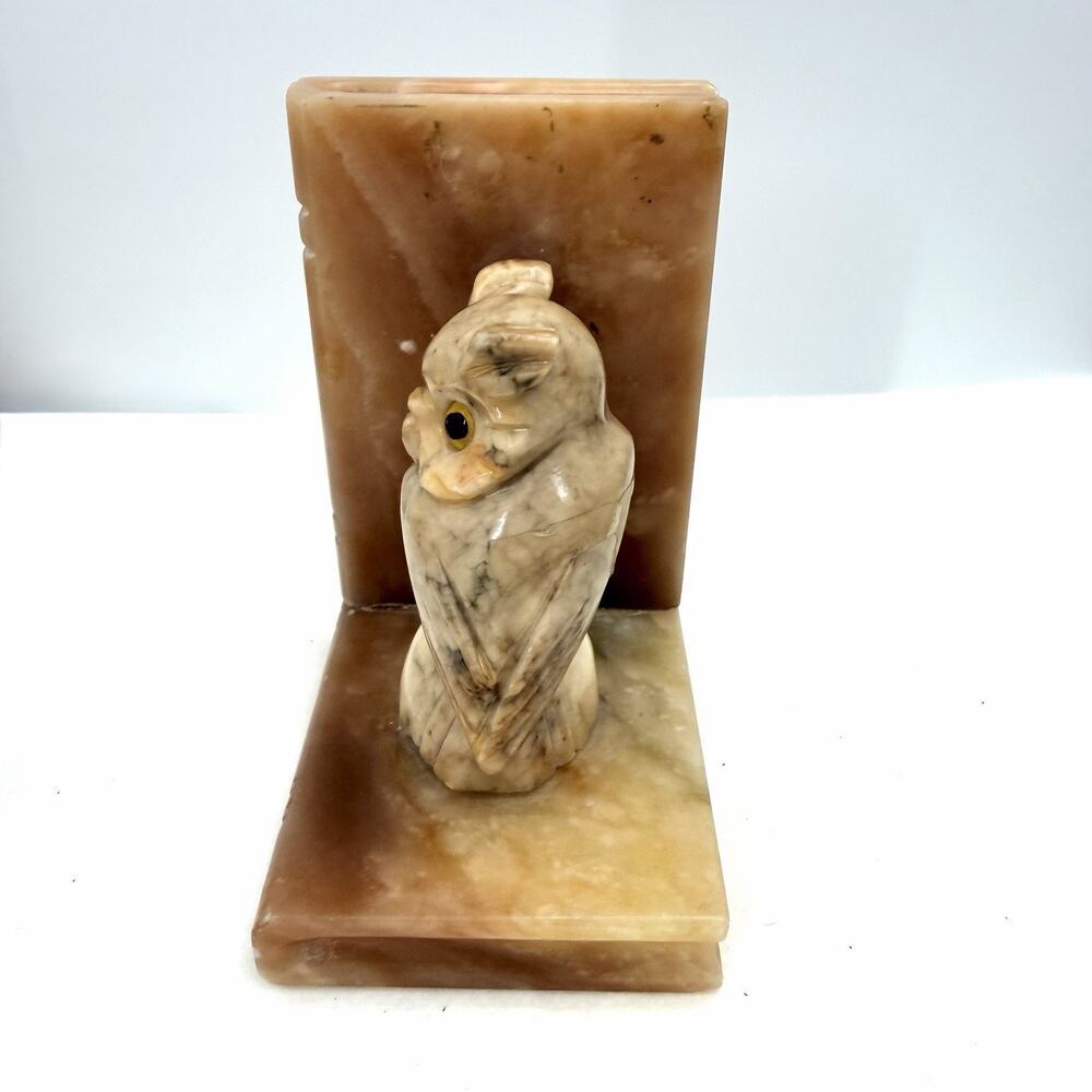 Vintage Hand Carved Alabaster Marble Owl Bookend Glass Eyes Made In Italy - Picture 3 of 12
